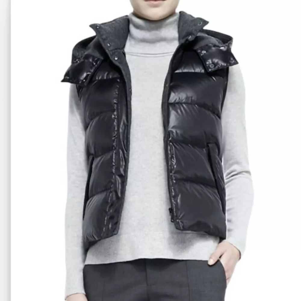 Vince Black Puffer Vest Detachable Hood Zip Button Front Size Large L